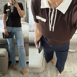 LAST New💕 Chocolate Brown Contrast Collar Top